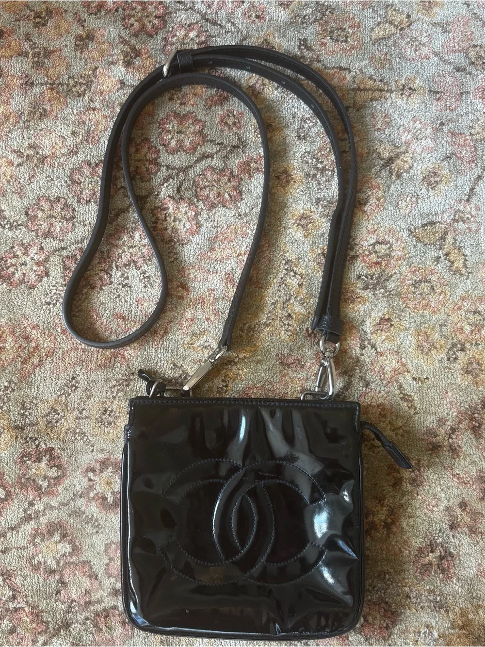 CHANEL Black Patent Leather CC Logo Converted Belt to Crossbody Bag